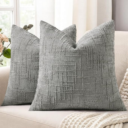 decorUhome Neutral Grey Chenille Throw Pillow Covers 22x22 Set of 2 Thick Textured Slubby Couch Pillow Covers Farmhouse Accent Modern Neutral Decorative Pillow Cases for Bed Sofa Living Room