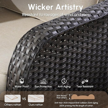 4 Pieces Wicker Patio Furniture - All-Weather PE Wicker Outdoor Conversation Bistro Set Loveseat Chairs with Table,Outdoor Rattan Sofa Chair High Back Deep Seating,Beige