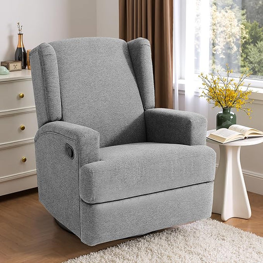 Swivel Glider Recliner Chair for Adults with Deep Seat - High Back Rocker Reclining Accent Chair, Manual Recliner for Living Room & Nursery, Comfortable Upholstered Fabric Armchair-Light Gray