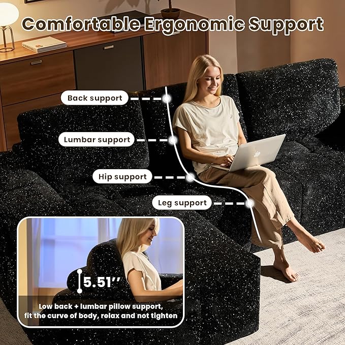 114" Glitter Cloud Sectional Couch with L-Shape Chaise & Ottoman, Modern Boneless Couches for Living Room, Fluffy Tufted Deep Seat Modular Sofa No Assembly (Black Sparkly Velvet,Left Facing)