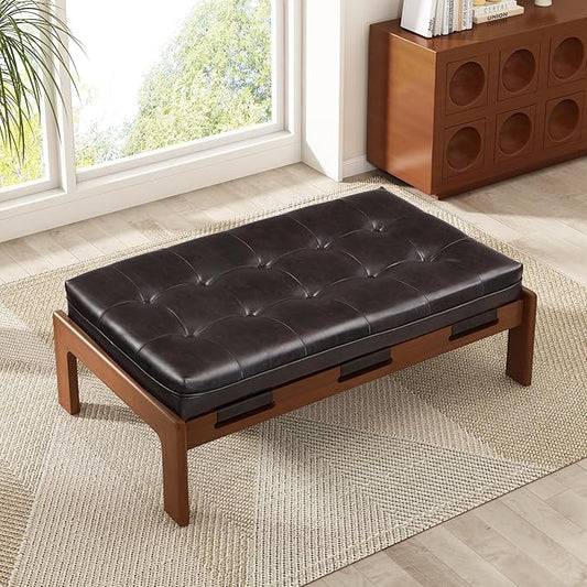 Christopher Knight Home Penley Modern Rectangular Faux Leather Upholstered Living Room Ottoman Bench/Coffee Table, Rubberwood Frame, Tufted Large Sofa Footstool, Multi-Functional, Dark Brown+Walnut