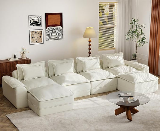 Hobestluk 152" Cloud Modular Sectional Couch 4-Seater Sofa with Ottomans U Shaped Couch Deep Seat Sofa with Removable Cover for Living Room (Beige, 4-Seater Sofa with Two Ottomans)
