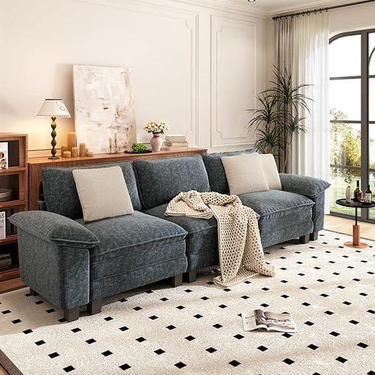 PHI VILLA Modern Modular Couches Sets, 123.6" Cloud Sectional Sofa with Upholstered Deep Seat, 3-Seater Couch for Living Room Small Spaces, Chenille Fabric, Dark Cyan