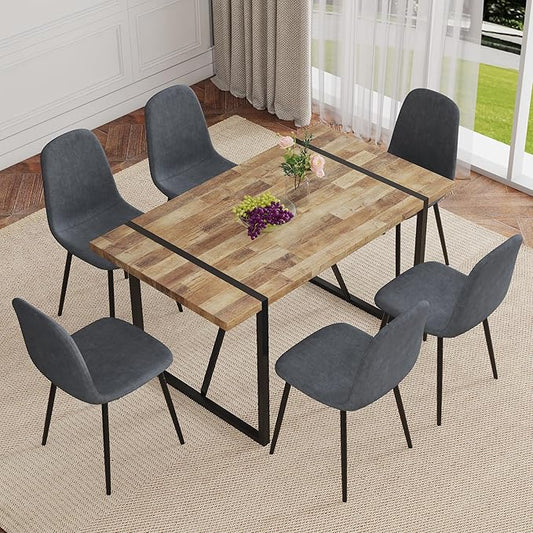 7 Piece Dining Table Set，Dinner Table Set for 6，55'' Kitchen Table and PU Leather Chairs Set of 6，6 Chair Dining Table Set for Kitchen Dining Room