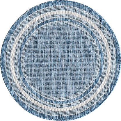 Unique Loom Outdoor Border Collection Area Rug - Soft Border (3' 1" Round, Blue/ Ivory)
