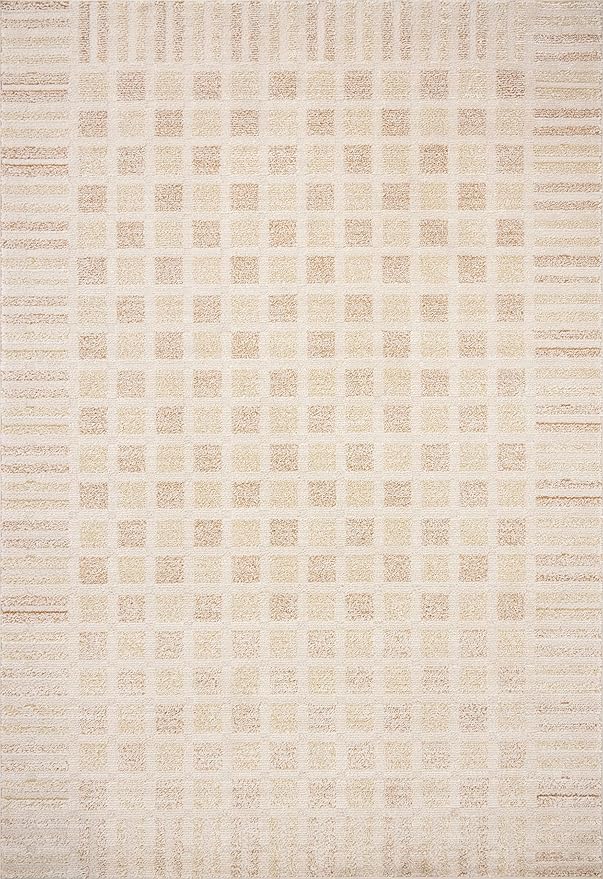 Loloi Chris Loves Julia Calvin Collection CLV-03 Bone/Natural 6'-3" x 9'-6" Area Rug Checkered Neutral Soft Living Room Bedroom Carpet