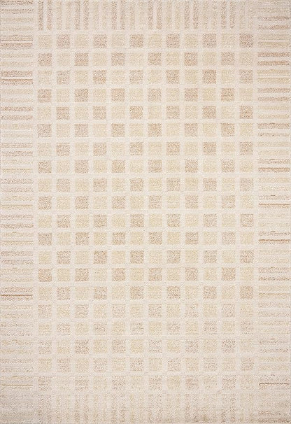 Loloi Chris Loves Julia Calvin Collection CLV-03 Bone/Natural 5'-3" x 5'-3" Round Area Rug Checkered Neutral Soft Living Room Bedroom Carpet