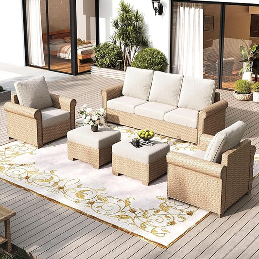 Patio Furniture Set 5 pcs, Wicker Rattan Sofa with 5.5" Thick Waterproof Cushions, 2 Chairs and Ottomans, All Weather Outdoor Conversation Set for Backyard Deck, 7 Seats Beige