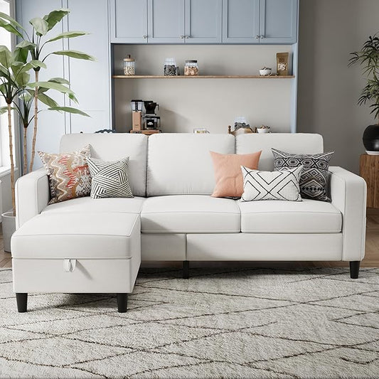Sectional Sofa and Couches for Living Room, 78'' Beige 3 Seat L-Shaped Couch with Movable Ottoman, Comfy Linen Convertible Sectionals Sofas with Chaise for Apartment, Office, Small Space