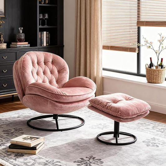 360° Swivel Modern Velvet Accent Chair with Ottoman | Mid-Century Button Tufted Lounge Chair for Living Room & Bedroom, Pink