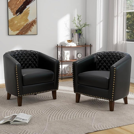 Pia Ricco Faux Leather Barrel Chairs Set of 2, Modern Comfy Accent Chairs, Upholstered Armchair Club Chairs with Nailhead Trim, Single Sofa Barrel Chair for Living Room Reading Room, Black