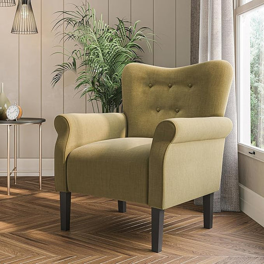 BELLEZE Modern Accent Chair, High Back Armchair, Upholstered Wingback Side Chair, Padded Single Sofa with Wooden Legs for Living Room, Bedroom - Avocado
