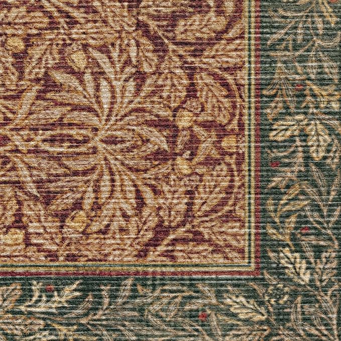 RUGGABLE x Morris & Co Machine Washable Christmas Runner Rug – Acorn Amber Red 2.5x12, Stain-Resistant, Non-Slip – Washable Rug for Hallway, Entryway, Living Room & Kitchen–with Standard Pad