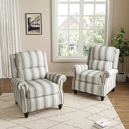 Pushback Recliner Chairs Set of 2, Comfy Fabric Wingback Recliner Chair, Upholstered Armchair Push Back Recliner with Wood Legs, Rivet Trim Accent Chair for Living Room, Bedroom, Gray Stripe