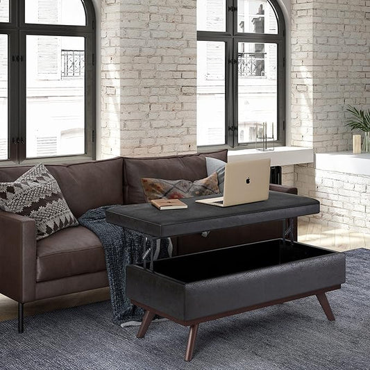 SIMPLIHOME Owen 42 inch Wide Mid Century Modern Rectangle Lift Top Large Coffee Table Storage Ottoman in Distressed Black Vegan Faux Leather, Assembled, for the Living Room, Entryway and Family Room