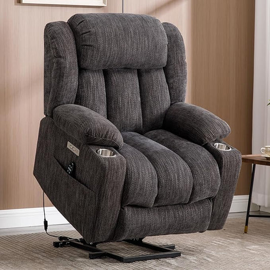 Electric Power Lift Chair, Chenille Recliner Massage Chair Living Room Furniture with 8-Point Vibration Massage and Lumbar Heating, USB and Type-C Ports, Cup Holders - Grey