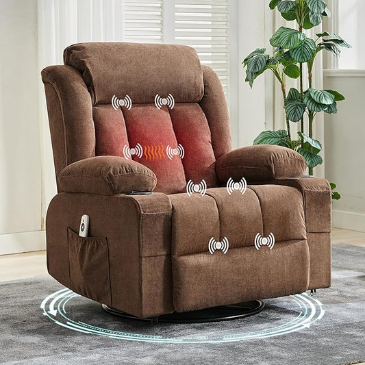 Rocking Recliner Chair with Heat and Massage, Nursery Recliner 360° Swivel Oversized Chairs for Adults, Lazy Boy Single Sofa Seat with 3 Positions, 2 Side Pockets, Cup Holders, and USB Ports, Brown