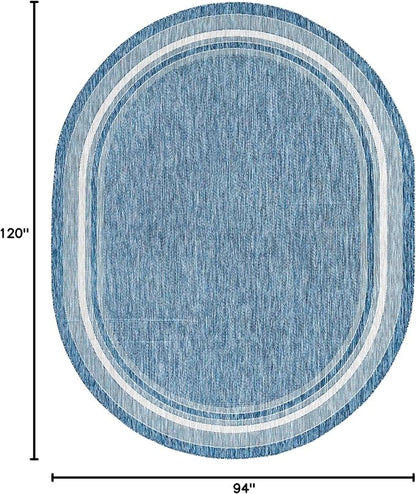 Unique Loom Outdoor Border Collection Area Rug - Soft Border (7' 10" x 10' Oval, Blue/ Ivory)