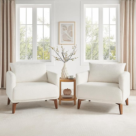 VANOMi Oversized Accent Chair Modern Boucle Armchair for Living Room Sets of 2, 37" Wide & Cozy Reading Chair with Solid Wood Legs, White Upholstered Lounge for Bedroom & Office, (Easy Assembly)
