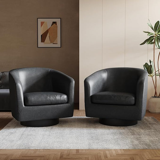 Lumibee Swivel Accent Chairs Set of 2, Faux Leather Swivel Barrel Chairs for Living Room, Modern Comfy Upholstered Round Armchairs Single Sofa Chairs for Bedroom, Club-Black
