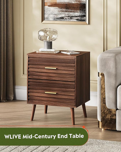 WLIVE Wood Night Stand with 2 Drawers, Mid Century Modern Nightstand, Fluted Bed Side Tablefor Bedroom, Dorm, Living Room End Table