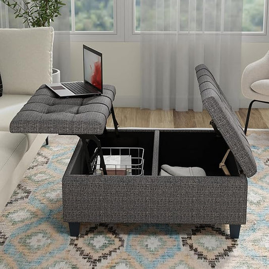 SIMPLIHOME Harrison Coffee Table Storage Ottoman - 36 inch Wide Upholstered Tweed Look Fabric Square Ottoman in Warm Dark Charcoal Melange, Transitional Ottoman for Living Room with Split Lift-Up Lid