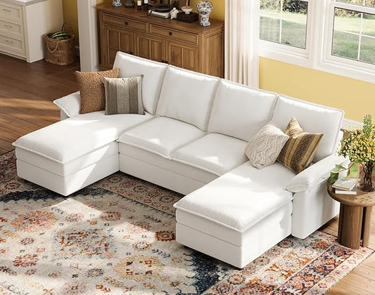 LINSY HOME U Shaped Cloud Couch Sectional Sofa, 115" Modular Couches with Double Chaise Lounge, Chenille 4 Seater Sofa Set for Living Room, Apartment, Office, Beige