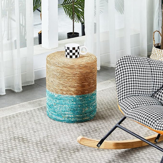 Wimarsbon Ottoman Poof, Natural Seagrass Poufs, Hand Weave Round Footstool, Pouffe Accent Chair, Sitting Braided Footrest W/Jute Cover, Outdoor Ottoman, for Living Room, Bedroom