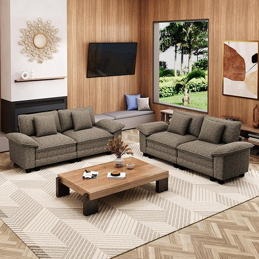 L-Shaped Cloud Modular Sofa Set, Deep Seat 2-Piece 4-Seater Sectional Couch & Removable Arms, Plush Chenille for Living Room - Smoky Gray