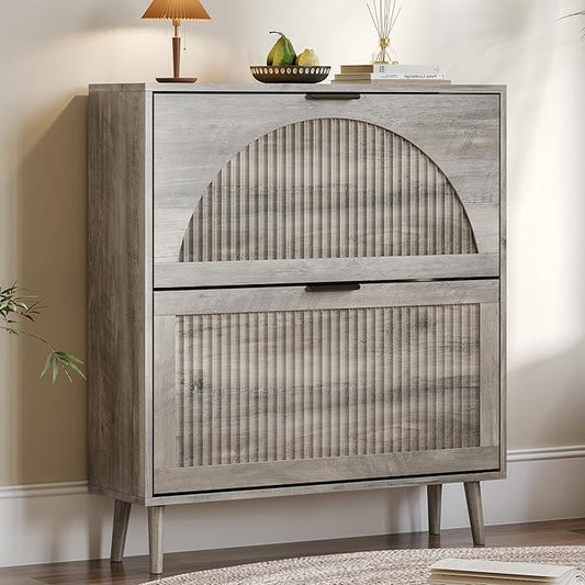 Shoe Cabinet for Entryway with 2 Flip Drawers, Slim Wooden Shoe Storage Organizer with Modern Fluted Pannel，Freestanding Narrow Hidden Shoe Rack for Hallway, Foyer, Living Room
