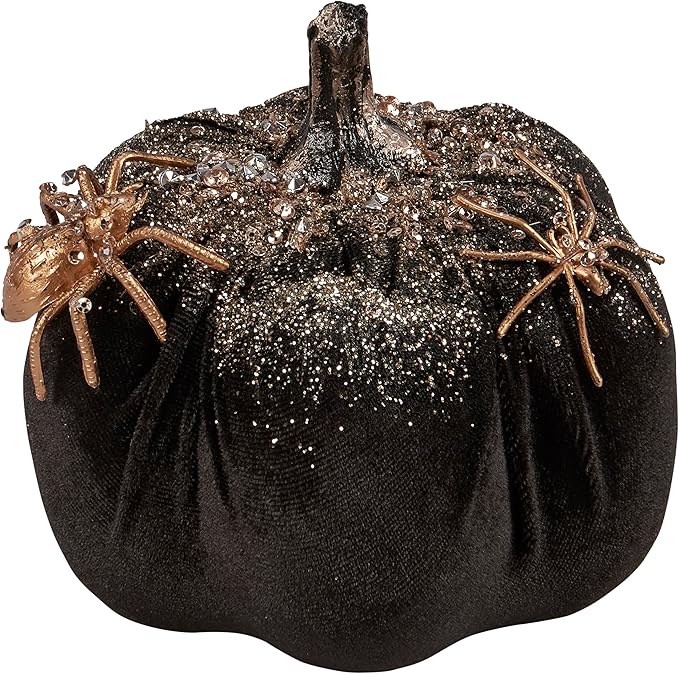 Primitives by Kathy Sesonal Home Decor Accessory Black and Gold Glitter and Jewels Spider Pumpkin, 5.25' Diameter x 6.25', Halloween Decorative Pumpkin
