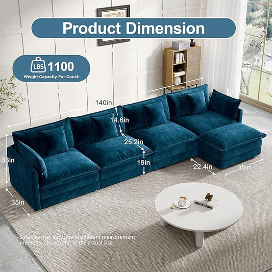 Modular Sectional Sofa, 146.5 Inch L-Shaped Cloud Sofa with Deep Seat Chenille Sofa with Cushions, Four Seater Sectional Sofa for Living Room Apartment,Blue