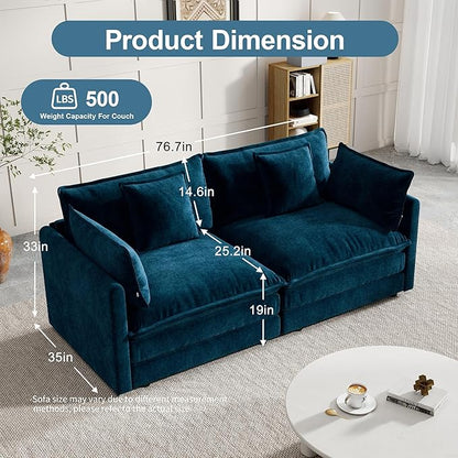 Modular Sectional Sofa, 76.7 Inch I-Shaped Cloud Sofa with Deep Seat Comfortable Chenille Sofa with Cushion Double Sectional Sofa for Living Room Apartment,Blue