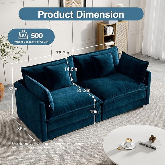Modular Sectional Sofa, 76.7 Inch I-Shaped Cloud Sofa with Deep Seat Comfortable Chenille Sofa with Cushion Double Sectional Sofa for Living Room Apartment,Blue