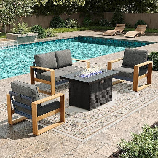 LayinSun 4 Pieces Aluminum Patio Furniture Set with Fire Pit Table, Oversized Seat with Hight Back, Outdoor Conversation Sets for Porch, Balcony, Deck