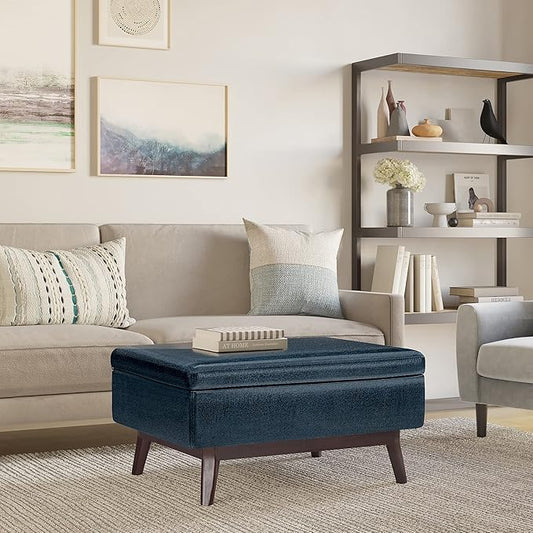 SIMPLIHOME Owen 34 inch Wide Mid Century Modern Rectangle Coffee Table Storage Ottoman in Distressed Dark Blue Vegan Faux Leather, Assembled, for the Living Room, Entryway and Family Room