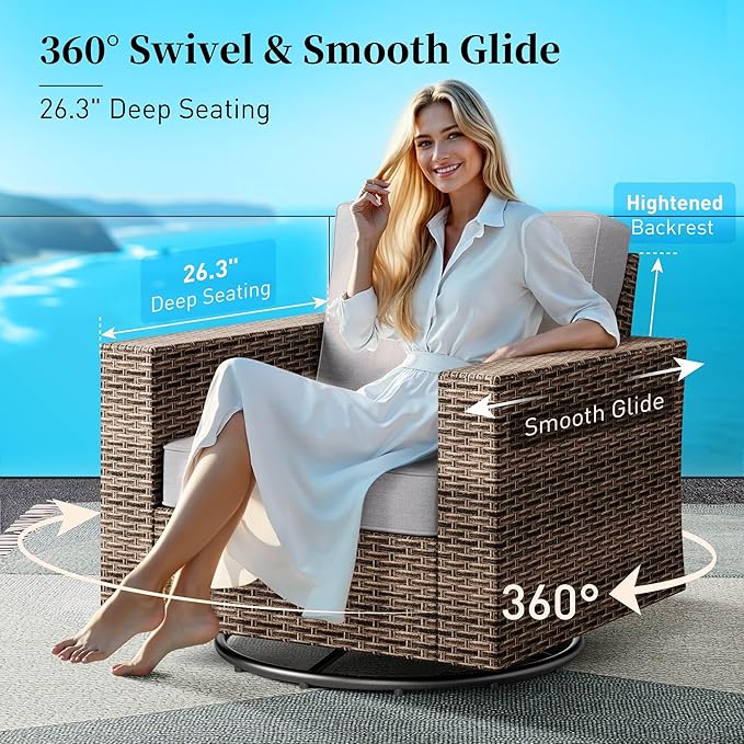 Swivel Glider 6 Piece Outdoor Furniture Set with Swivel Chairs, Wicker Patio Furniture with 4.92" Wide Armrest, 26.3" Deep Seating and 5.5" Thick Cushions, Grey