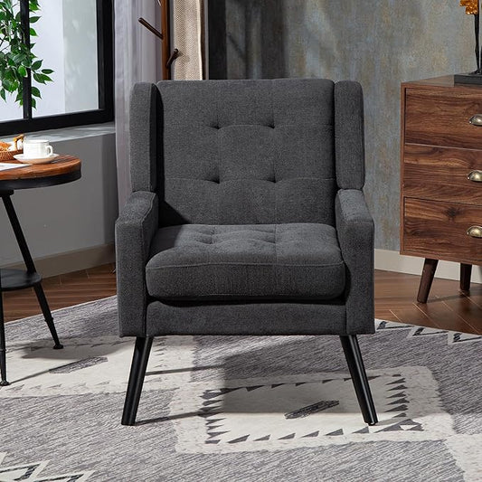 Mid-Century Modern Accent Chair, Plush Linen Fabric with Button Tufted High Back & 5" Thick Cushion, High Comfort Reading Chair for Living Room, Bedroom, Office (Dark Gray)