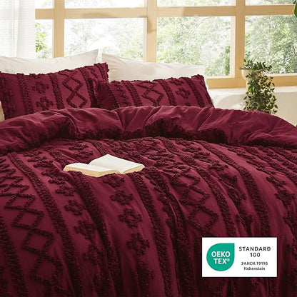 Bedsure Tufted Boho Comforter Set King Size - Dark Red Boho Bed Set, GentleSoft™ 3 Pieces Farmhouse Shabby Chic Embroidery Bedding, Gifts for Woman, Soft Jacquard King Comforter for All Seasons