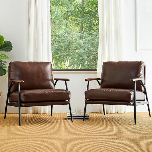 Glitzhome Modern Accent Chairs Set of 2, Metal Framed Living Room Chairs with Upholstered Cushion, Comfy Sofa Chair for Bedroom Reception Area Study Room, Coffee- 2 Set