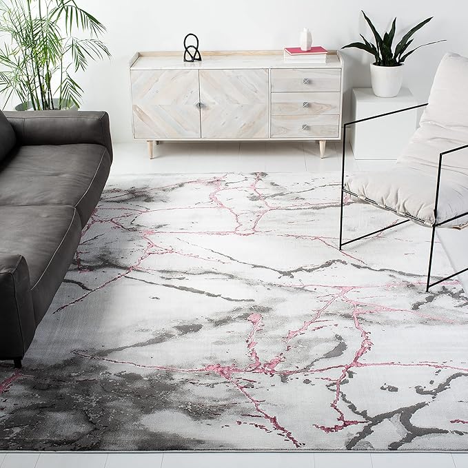 SAFAVIEH Craft Collection Area Rug - 8' Square, Grey & Wine, Modern Abstract Design, Non-Shedding & Easy Care, Ideal for High Traffic Areas in Living Room, Bedroom (CFT877S)