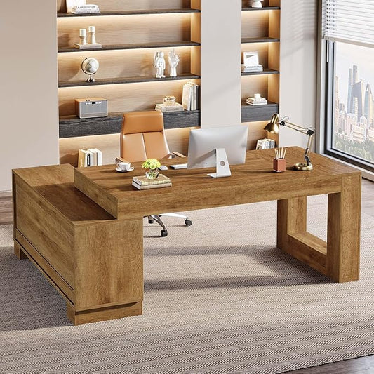 Tribesigns L Shaped Executive Desk with Storage Cabinets and 2-Tier Shelf, 63-Inch Simple Modern Business Furniture Large Computer Writing Table Workstation for Home Office, Dark Brown