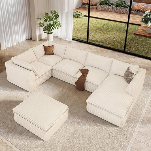 Vesgantti 141.7" Oversized Sectional Boneless Couch, 7 Seater Modular Sofa with Chaise & Ottoman & Armrest, Deep Seat Plush Corduroy Cloud Couches for Living Room, No Assembly Required, Beige