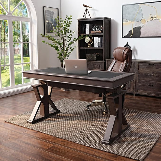 EUREKA ERGONOMIC Leather Standing Desk, 60 inch Executive Desk with Drawers,Modern Oak Grain X-Shaped Leg Sit Stand Desk, Charge Power Outlet Luxury Home Office Computer Desk