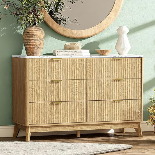 Fluted 6 Drawer Dresser, 47" Wide Chest of Drawers with Faux Marble Top, Modern Dresser TV Stand, Wood Closet Clothes Storage Organizer with Curved Edges for Bedroom, Living Room, Natural
