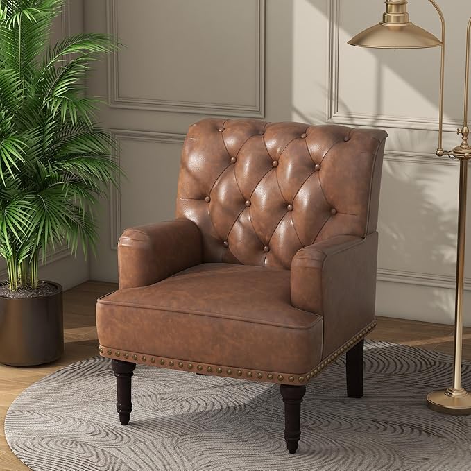 UIXE PU Leather Accent Chair, Modern Upholstered Armchair for Living Room, Comfy Arm Chair Single Sofa Reading Seat with Wooden Legs for Office Home Bedroom - Brown