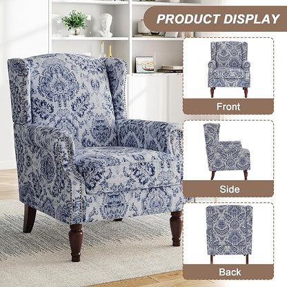 Pia Ricco Set of 2 Floral Accent Chairs, High Back Upholstered Armchairs with Retro Wingback Design, Nailhead Trim & Solid Wood Legs for Living Room Bedroom(Flower Navy)