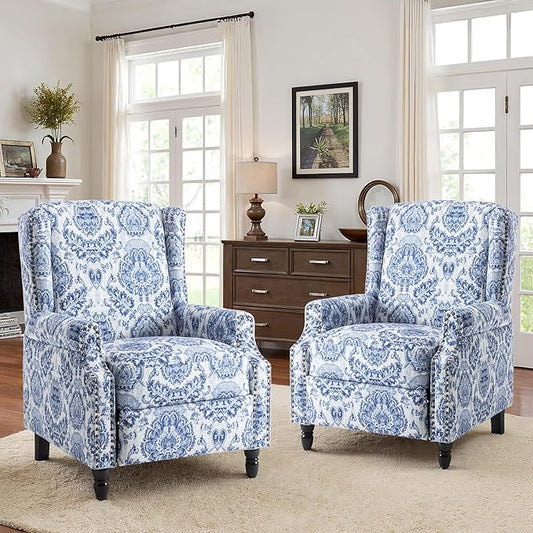 Recliner Chair, Upholstered Wingback Floral Pushback Armchair with Adjustable Backrest & Footrest, Comfy Accent Chair Reading Single Sofa for Small Spaces, Living Room, Bedroom-Navy Blue, Set of 2