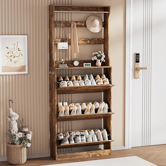 Shoe Storage Cabinet, Wood Shoe Organizer for Entryway with 3 Flip Drawers, Freestanding Shoe Rack with Adjustable Shelf, Narrow Shoe Dresser for Front Door Entrance(Brown, 78.74" x 31.5" x 9.37")