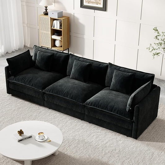 Modular Sectional Sofa, 111.5 Inch I-Shaped Cloud Sofa with Deep Seat Chenille Sofa with Cushions, Three-Self Sectional Sofa for Living Room Apartment,Black